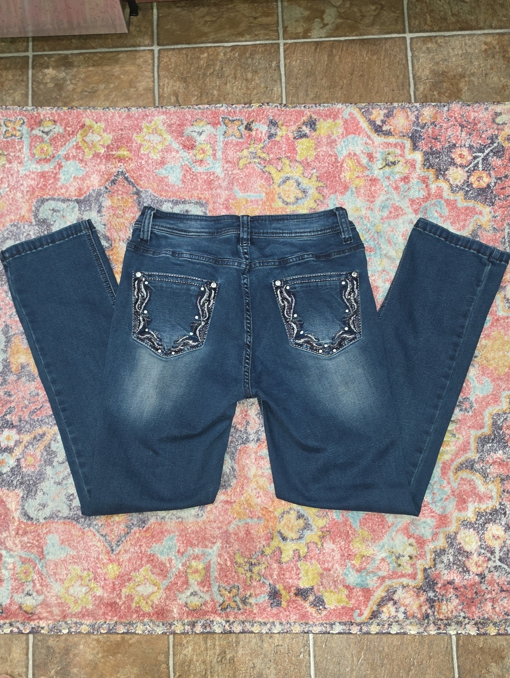 Reba Women's Darker Blue Straight Leg Embellished Stretch Jeans Size 8